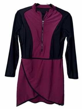 SHEIN Burgundy & Black Half-Zip Long Sleeve Swim Dress/cover up
